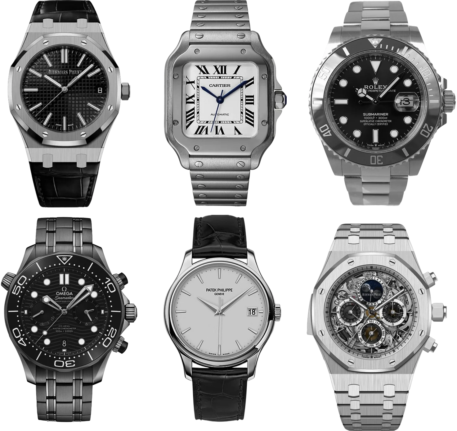 Six luxury watches laid out on black, including Audemars Piguet, Cartier and Omega