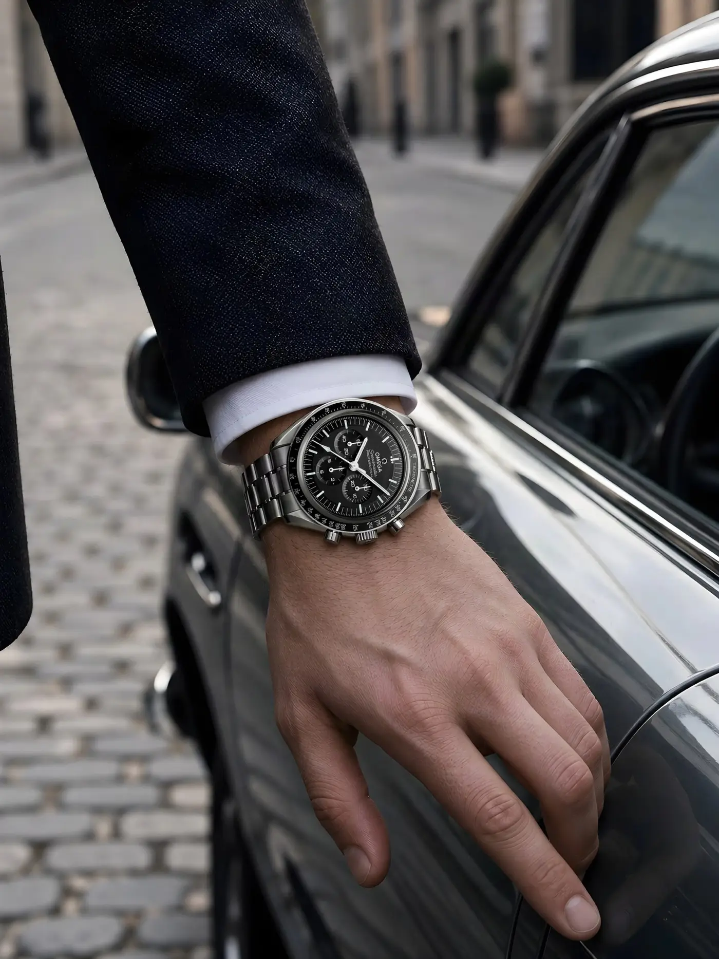 An Omega chronograph on a wrist, resting on a car door